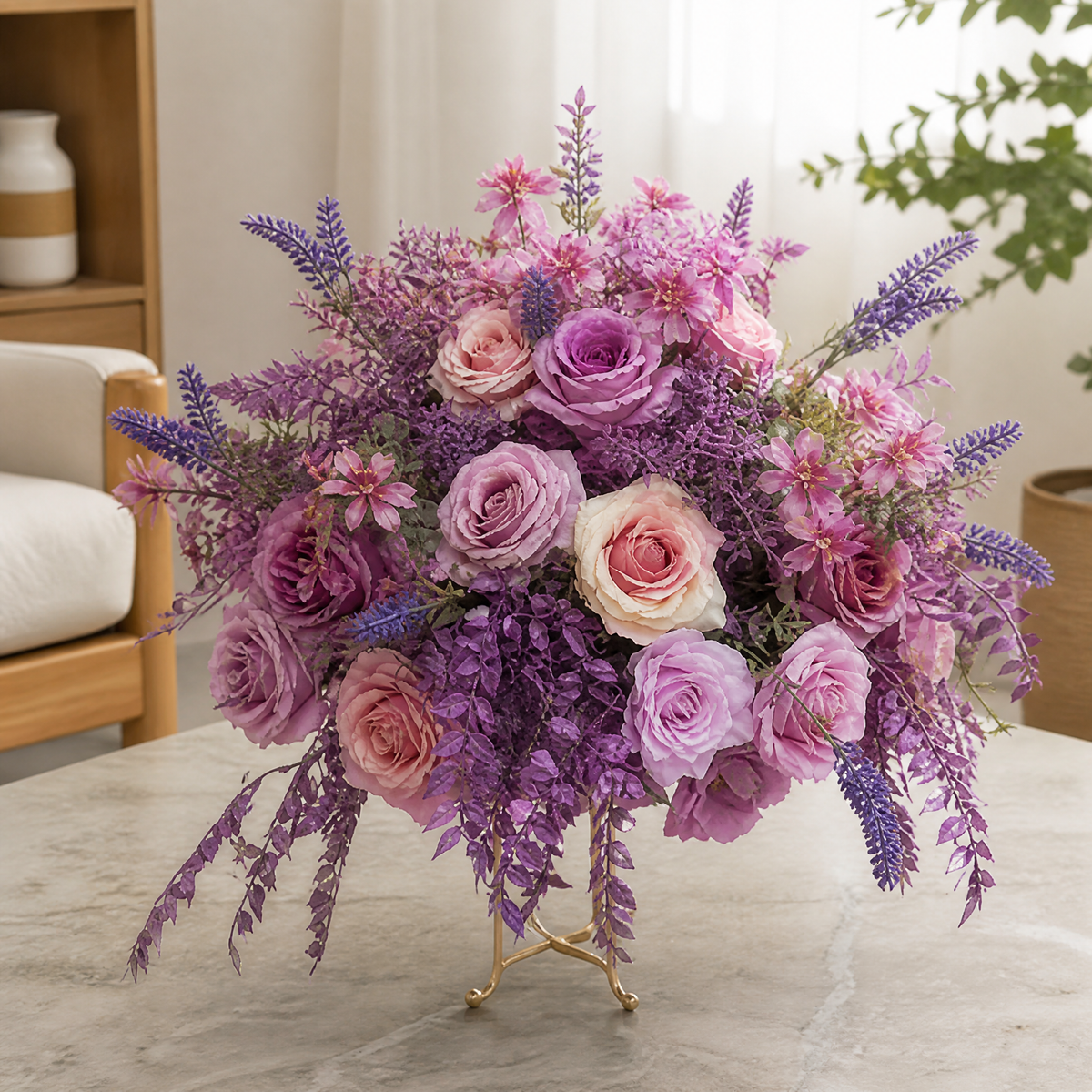 Artificial rose floral arrangement with greenery 40 cm size