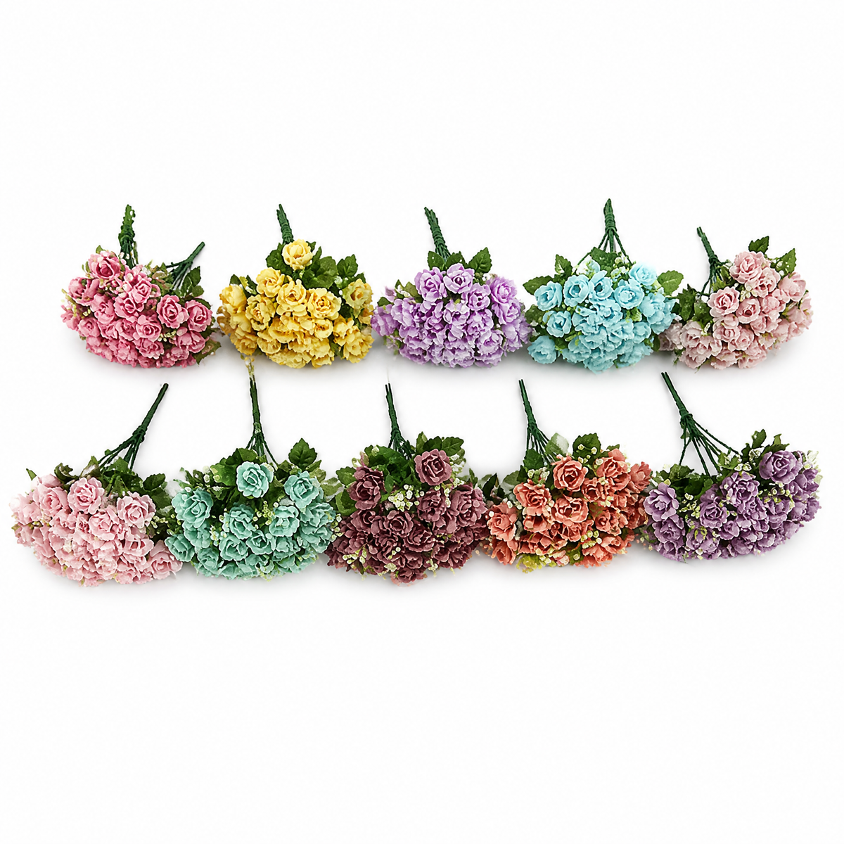 Assorted small artificial rose bouquets in a two-colour mix