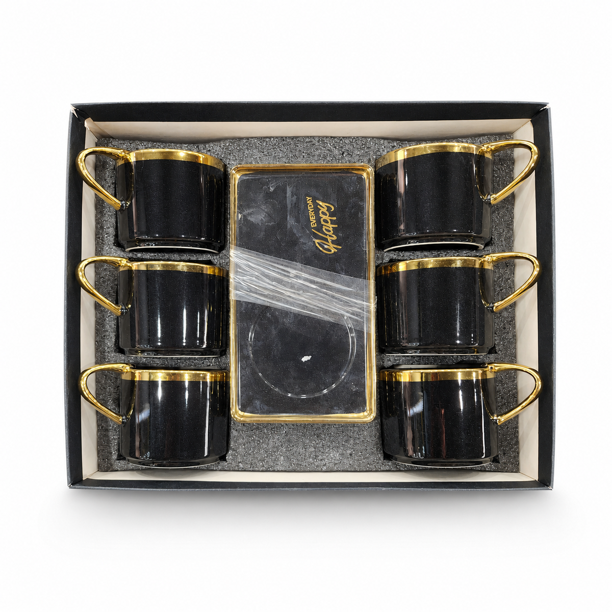 Elegant Black Ceramic Gold-Trimmed Coffee Cup Set with Tray - 5-Piece Gift Box Set