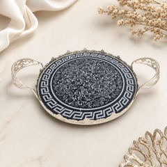 Ornate Silver Serving Tray with Black Greek Key Design and Handles