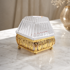 Gold-Accented Decorative Crystal Box with Clear Ribbed Lid