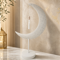 Modern Crescent Moon Metal Table Lamp with Hanging Pendant Decor