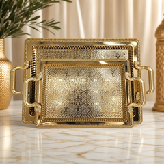 Elegant Gold Rectangular Serving Tray Set with Handles - Ornate Platter Collection
