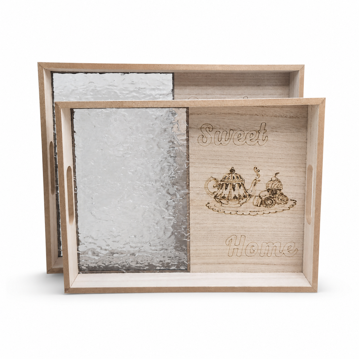 Handcrafted Wooden Tea Serving Tray Set with Sweet Home Engraving