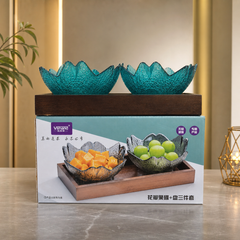 Elegant Glass Fruit Bowl Set with Wooden Tray – Vsnad Decorative Serving Bowls for Dining Table or Kitchen