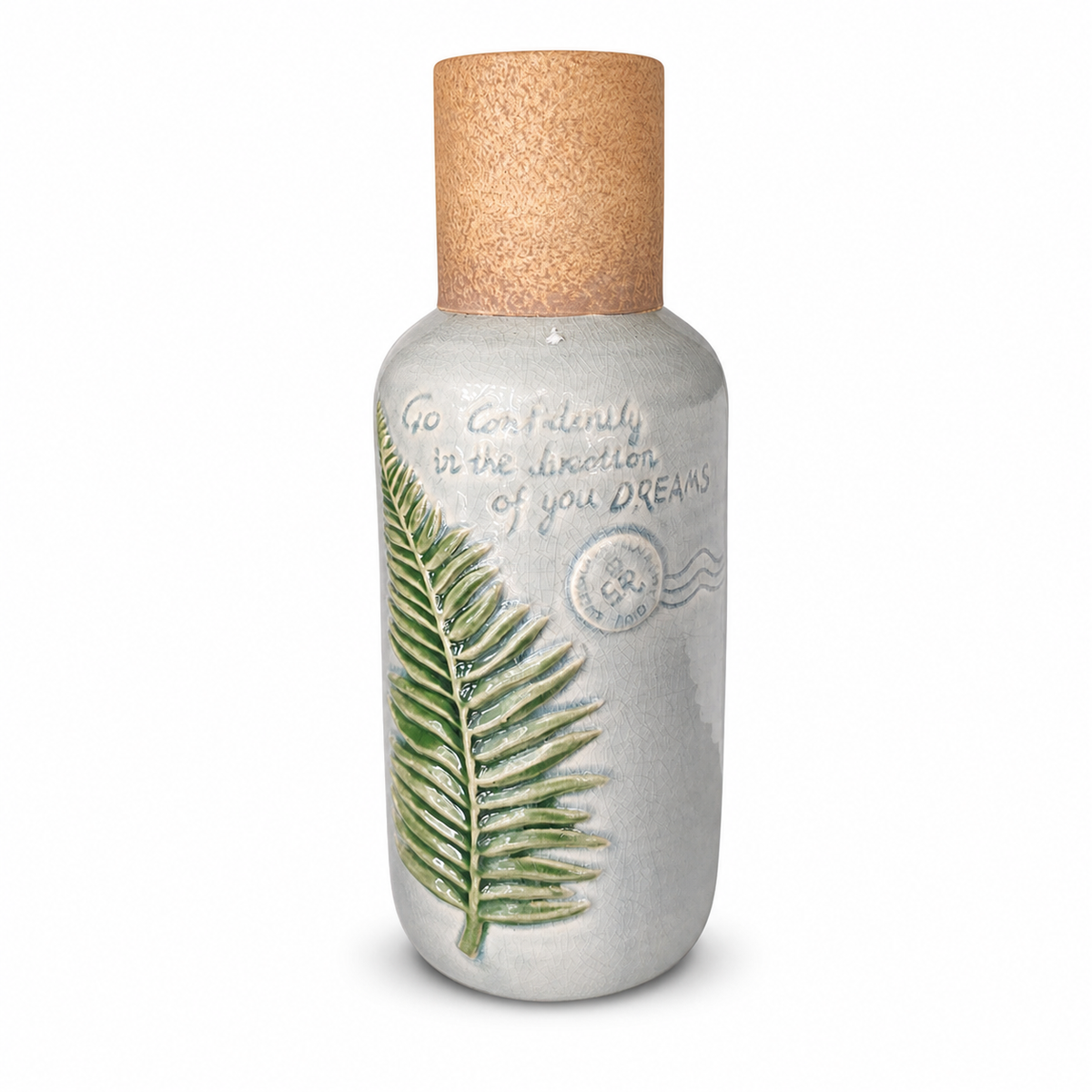 Inspirational Ceramic Vase with Cork Top and Fern Design