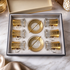 Exquisite Gold Moroccan Tea Glass Set with Saucers and Stirrers - 6 Piece Elegance