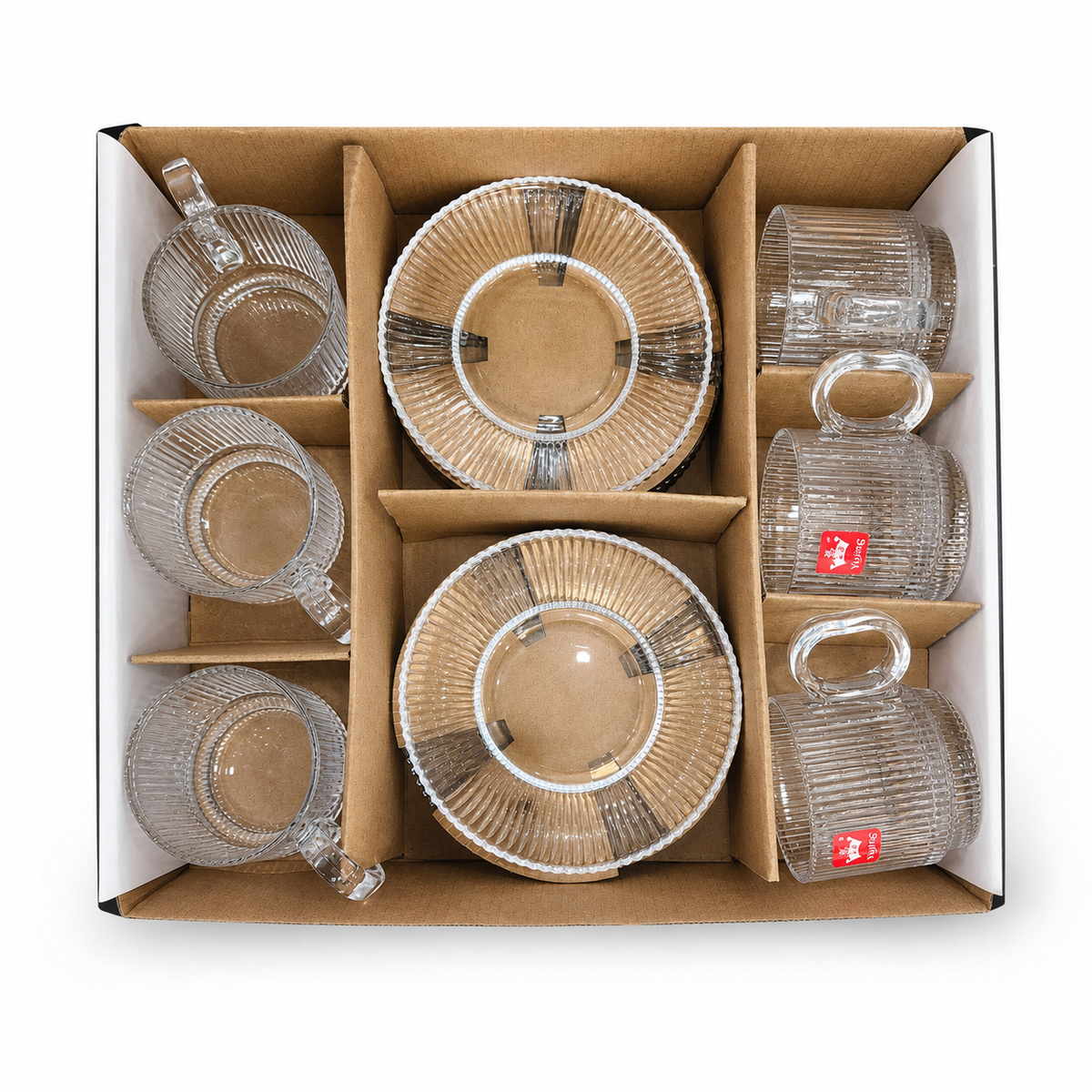 6-Piece Ribbed Glass Tea Cup and Saucer Set