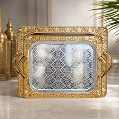 Elegant Ornate Gold Serving Tray Set with Handles - Vintage Style Rectangular Platters for Parties and Events