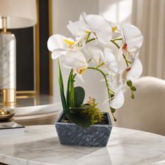 Artificial White Orchid Arrangement in Stone Planter for Elegant Home Decor