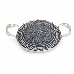 Ornate Silver Serving Tray with Black Greek Key Design and Handles