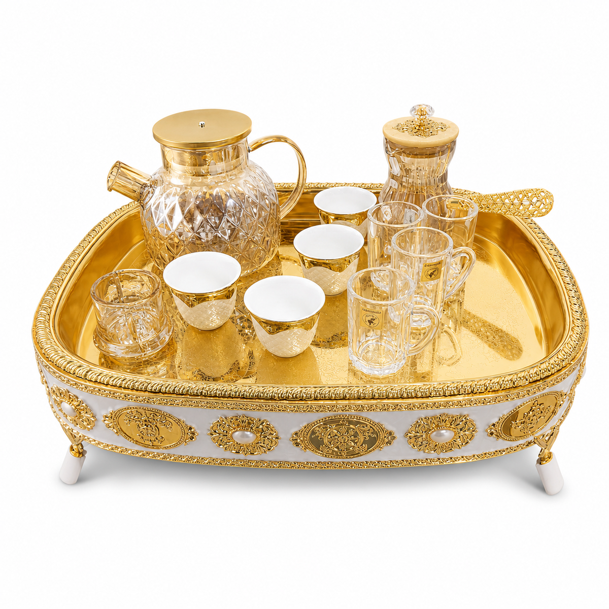 Luxury Gold-Plated Tea Set with Decorative Tray and Glassware Collection