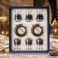 Luxury Greek Key Design Glass Tea Set with Saucers and Spoons - 12 Piece
