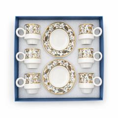 6-Piece Porcelain Tea Cup and Saucer Set with Gold Floral Design