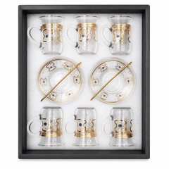 Elegant Gold-Trimmed Glass Tea Set with Saucers and Spoons - 6-Piece Gift Set