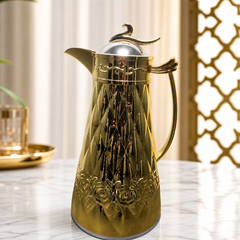 Golden Ornate Insulated Coffee Carafe - Elegant Stainless Steel Thermal Pitcher 1L