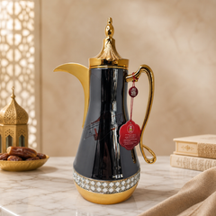 Elegant Black & Gold Stainless Steel Arabic Coffee Dallah Pot with Ornate Design 1.5L
