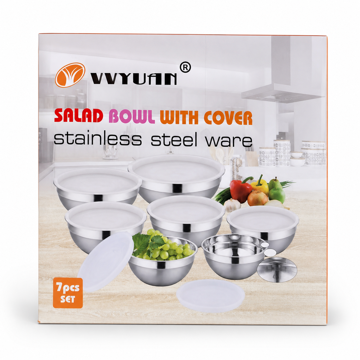 7-Piece Stainless Steel Salad Bowl Set with Lids - Durable and Versatile Kitchenware