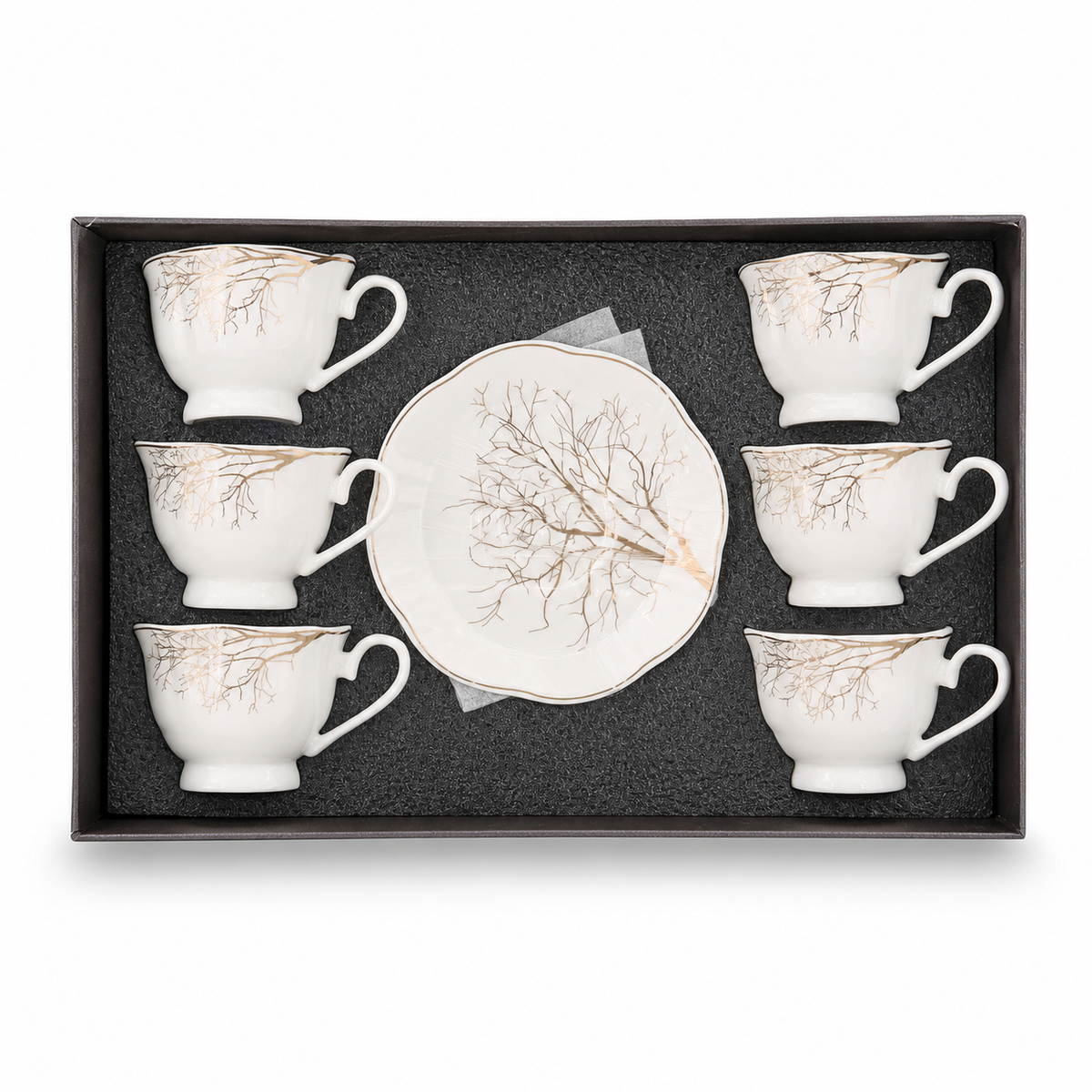 Elegant Gold Branch Porcelain Tea Set for Six with Saucers