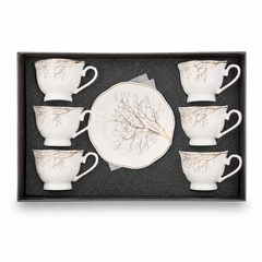 Elegant Gold Branch Porcelain Tea Set for Six with Saucers