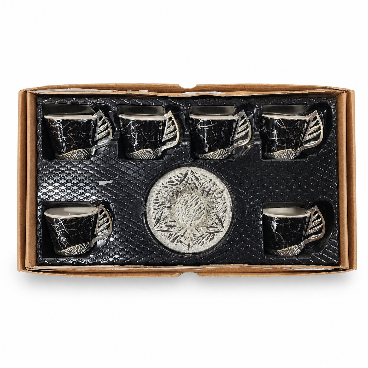 6-Piece Black Marble Coffee Cup and Saucer Set