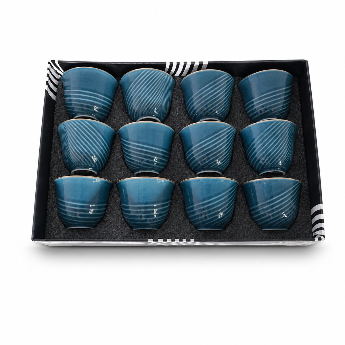 Set of 12 Elegant Blue Ceramic Tea Cups - Japanese Inspired Design