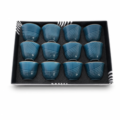 Set of 12 Elegant Blue Ceramic Tea Cups - Japanese Inspired Design