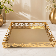 Handcrafted Lotus Floral Gold Plated Mirror Tray