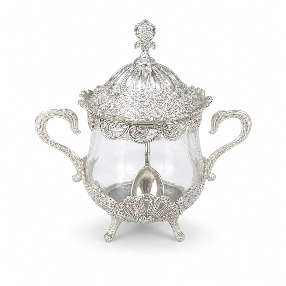 Elegant Silver-Plated Sugar Bowl with Lid and Spoon Set