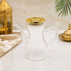 Elegant Gold-Trimmed Glass Tea Pot with Handle and Spout