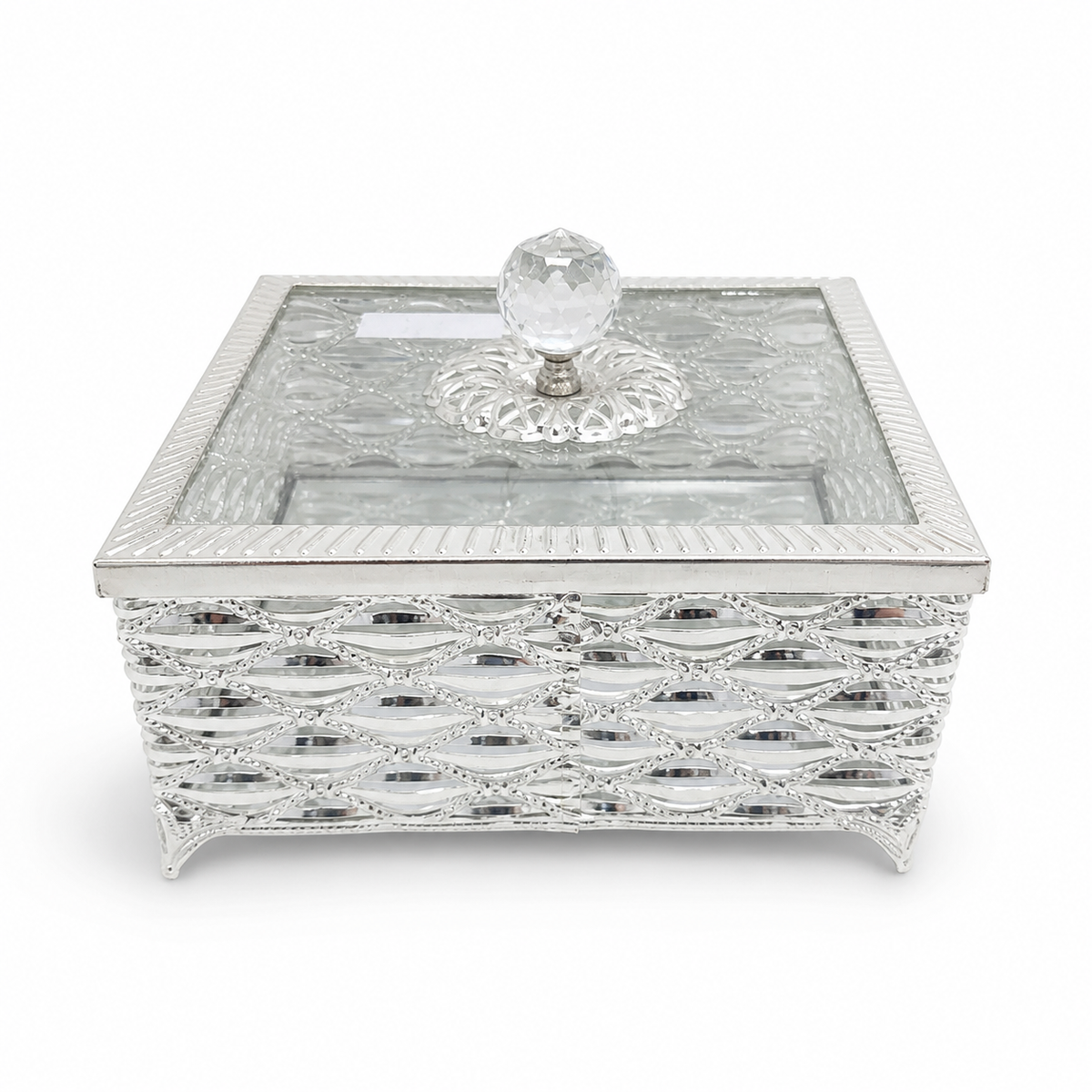 Elegant Silver Tone Glass Jewelry Box with Crystal Knob Lid
