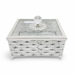 Elegant Silver Tone Glass Jewelry Box with Crystal Knob Lid