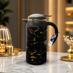 RavDays Thermal Coffee Carafe 1.8L – Black with Gold Marble Design, Double-Wall Stainless Steel Vacuum Insulated Flask for Hot and Cold Drinks
