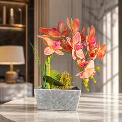 Elegant Artificial Orange Orchid with Decorative Vase - Realistic Silk Flower Arrangement for Home Decor