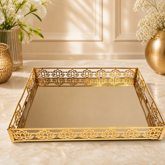 Handcrafted Lotus Floral Gold Plated Mirror Tray