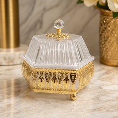 Elegant Crystal Candy Box with Gold Filigree Trim – Decorative Table Centerpiece