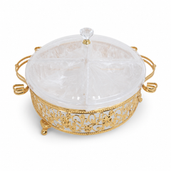Luxury Gold-Plated Crystal Top Glass Serving Dish with Elegant Filigree Design