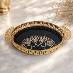Elegant Black and Gold Decorative Serving Tray with Handle – Luxury Oval Design for Home Décor