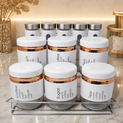 Airtight Glass Spice Jar Set with Metal Lids and Stand - Elegant Labelled Storage Containers for Kitchen Pantry