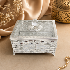 Elegant Silver Tone Glass Jewelry Box with Crystal Knob Lid