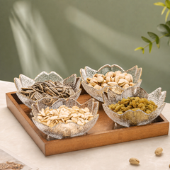 Vshand Glass Flower Nut Dish Set of 5 with Wooden Tray