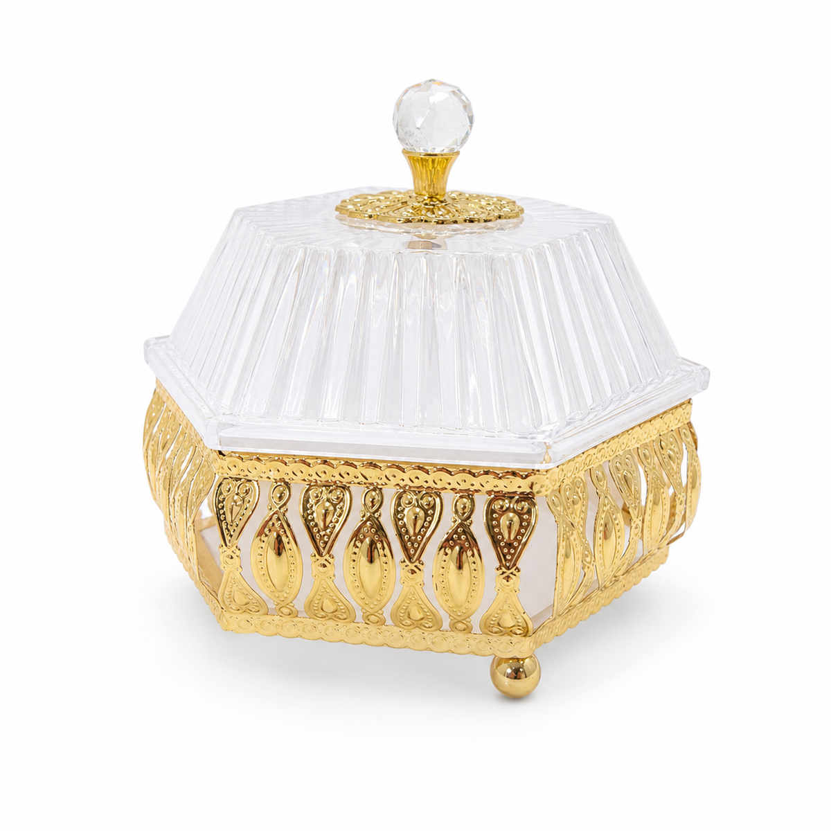 Elegant Crystal Candy Box with Gold Filigree Trim – Decorative Table Centerpiece