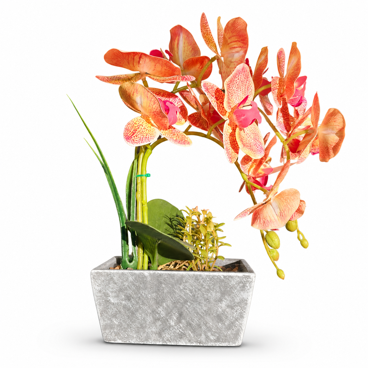 Elegant Artificial Orange Orchid with Decorative Vase - Realistic Silk Flower Arrangement for Home Decor