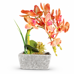 Elegant Artificial Orange Orchid with Decorative Vase - Realistic Silk Flower Arrangement for Home Decor