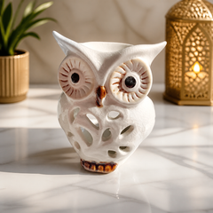 Ceramic Owl Figurine Candle Holder – White, Handcrafted, Home Decor Accent