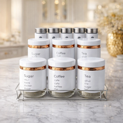 Airtight Glass Spice Jar Set with Metal Lids and Stand - Elegant Labelled Storage Containers for Kitchen Pantry