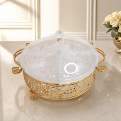 Luxury Gold-Plated Crystal Top Glass Serving Dish with Elegant Filigree Design
