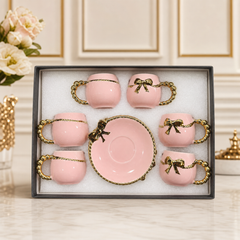 Elegant Pink Ceramic Teacup Set with Gold Accents - 6 Cups and Saucers Gift Box