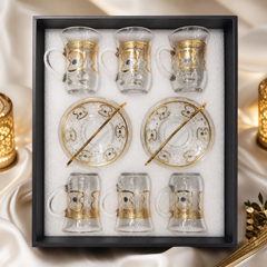 Elegant Gold-Trimmed Glass Tea Set with Saucers and Spoons - 6-Piece Gift Set