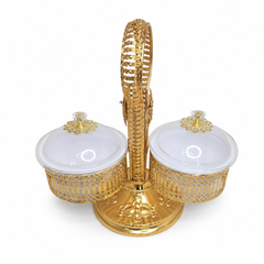 Gold-Plated Dual Compartment Glass Candy Dish with Handle - Elegant Party Serving Bowl